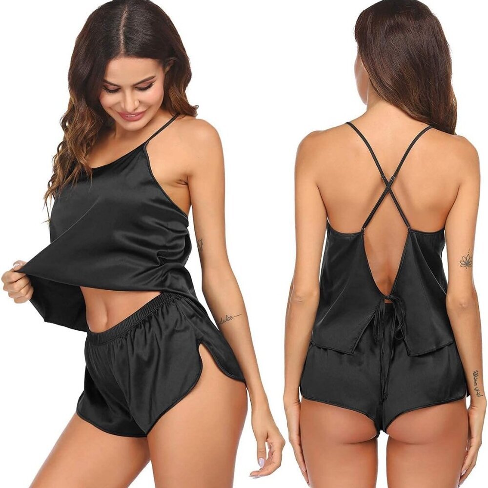 Silk Pajamas Set for Women Satin Backless Lingerie Pjs Cami Top and Shorts Night